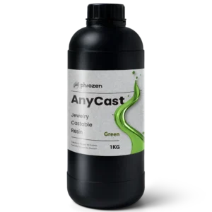 1 kg bottle of Phrozen AnyCast green jewelry castable resin with a black cap and label showing the product name
